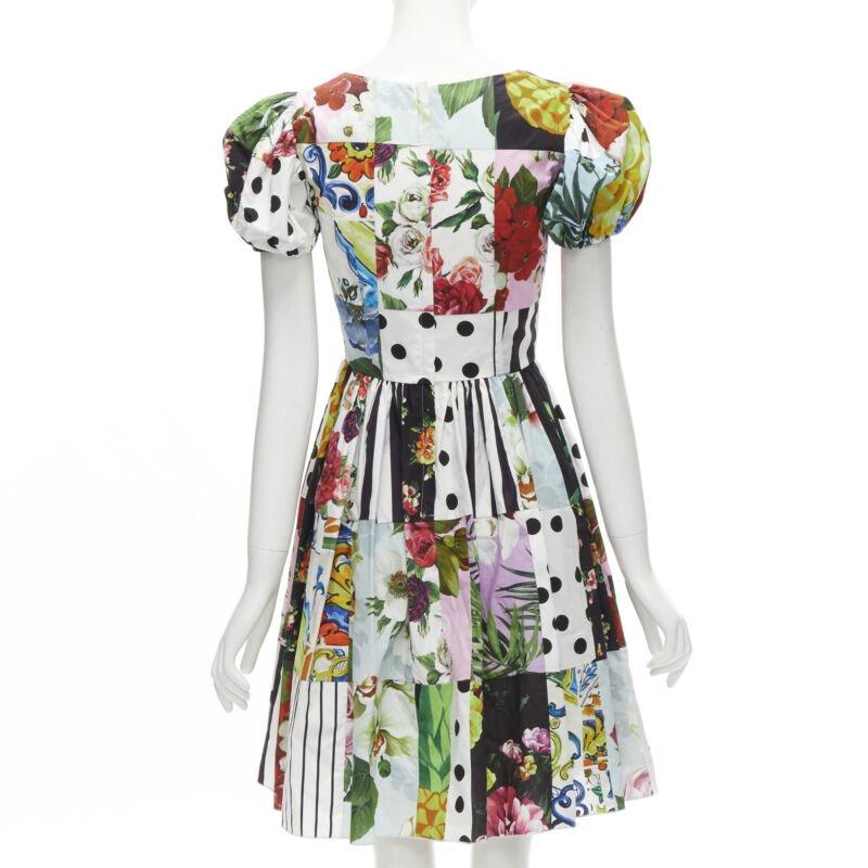 DOLCE GABBANA 2021 Patchwork sicilien Robe à manches bouffantes en popeline de coton IT38 XS Pour femmes en vente