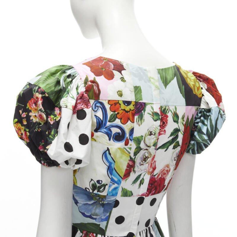 DOLCE GABBANA 2021 Patchwork sicilien Robe à manches bouffantes en popeline de coton IT38 XS en vente 2