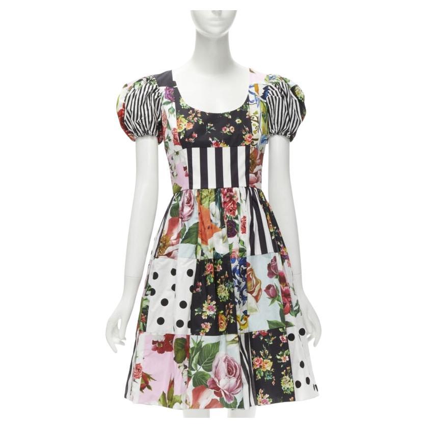 DOLCE GABBANA 2021 Sicilian Patchwork puff sleeve cotton poplin dress IT38 XS For Sale