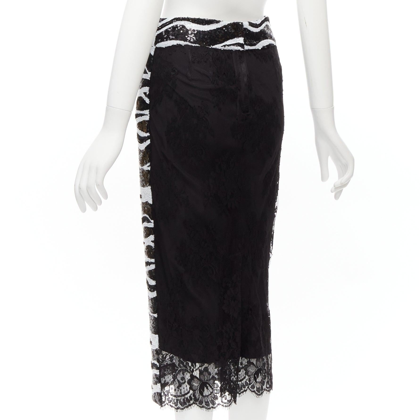 Women's DOLCE GABBANA 2022 black zebra sequins chantilly lace back pencil skirt IT38 XS For Sale