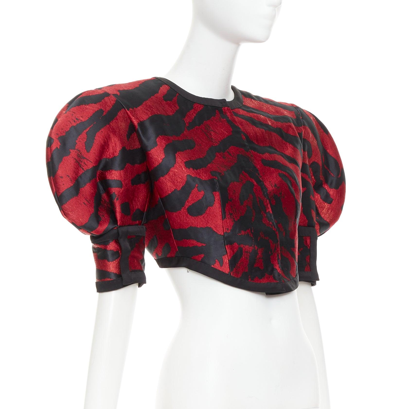 Black DOLCE GABBANA 2022 Runway red metallic zebra puff sleeve crop jacket IT38 XS For Sale