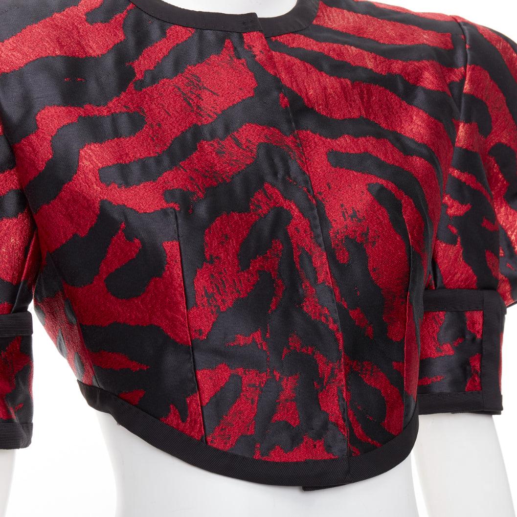 DOLCE GABBANA 2022 Runway red metallic zebra puff sleeve crop jacket IT38 XS For Sale 2