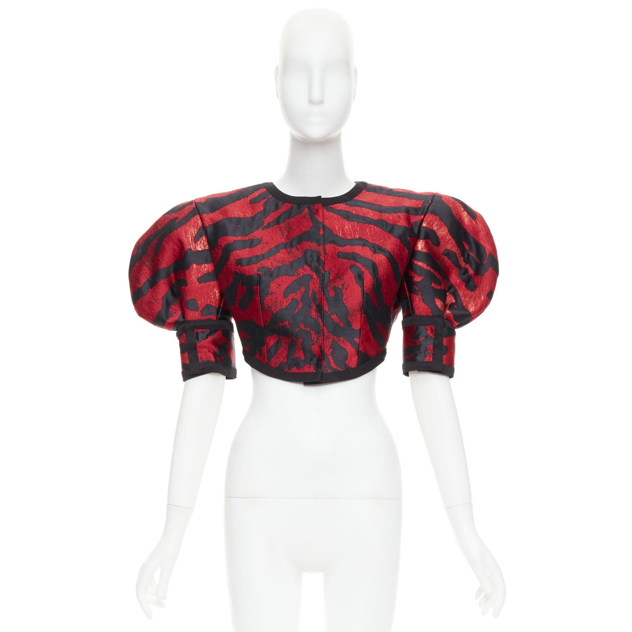 DOLCE GABBANA 2022 Runway red metallic zebra puff sleeve crop jacket IT38 XS For Sale 4