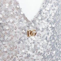 DOLCE GABBANA 2022 Runway silver sequins DG charm plunge neck top IT36 XXS
