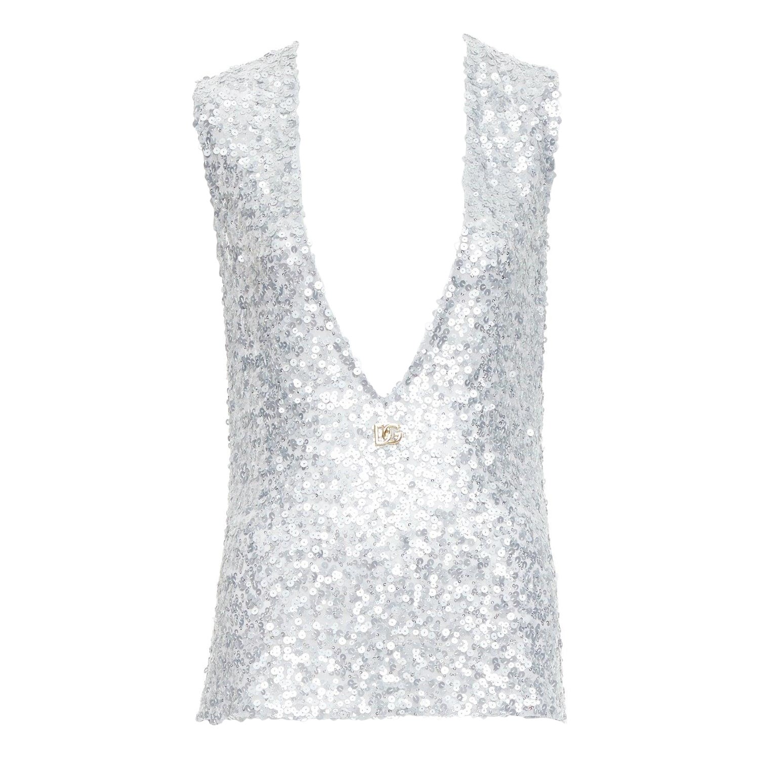 DOLCE GABBANA 2022 Runway paillettes argentées DG charm top à col plongeant IT36 XXS en vente