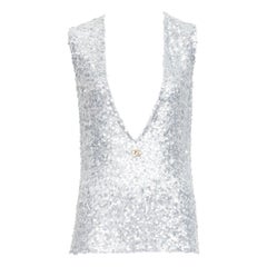 DOLCE GABBANA 2022 Runway silver sequins DG charm plunge neck top IT36 XXS