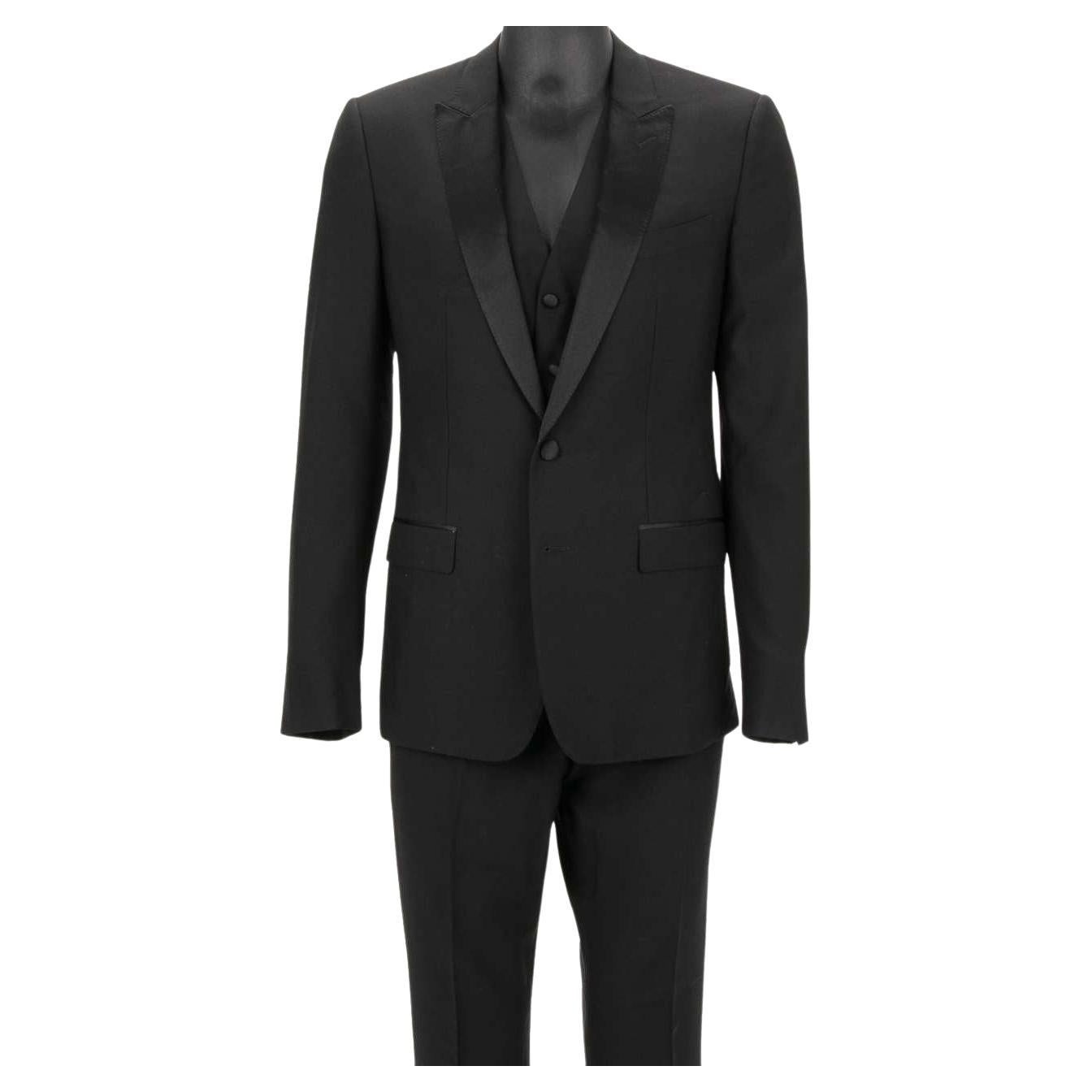 Dolce & Gabbana 3 Piece Silk Wool Suit Jacket Waistcoat MARTINI Black 56 For Sale