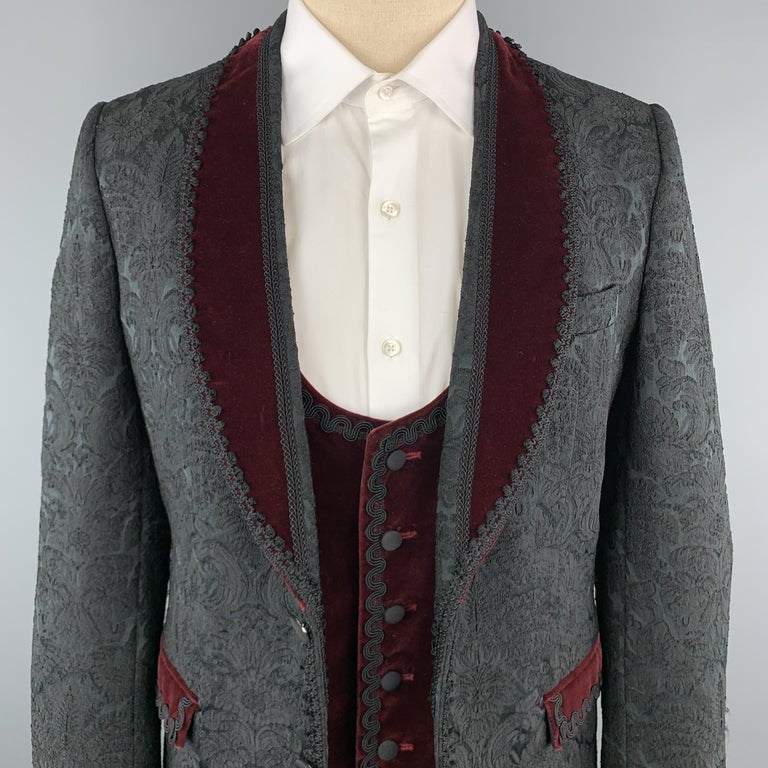 DOLCE and GABBANA 40 Black Brocade and Burgundy Velvet 3 Piece Suit at