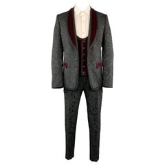 DOLCE & GABBANA 40 Black Brocade & Burgundy Velvet 3 Piece Suit