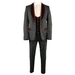 DOLCE & GABBANA 40 Black Brocade & Burgundy Velvet 3pc Suit