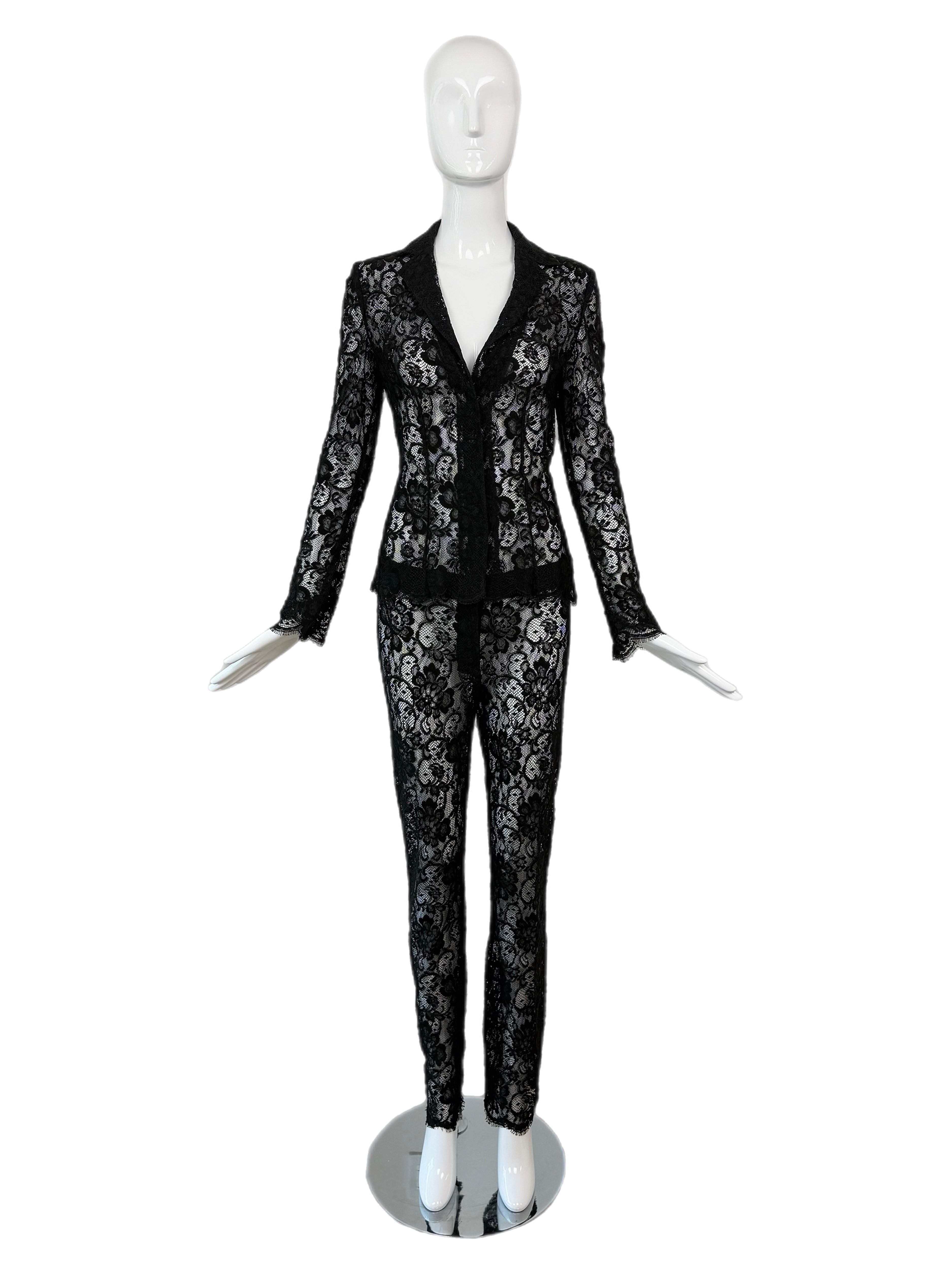 DOLCE & GABBANA 90's Vintage Black Sheer Lace Pant Suit Damen im Angebot