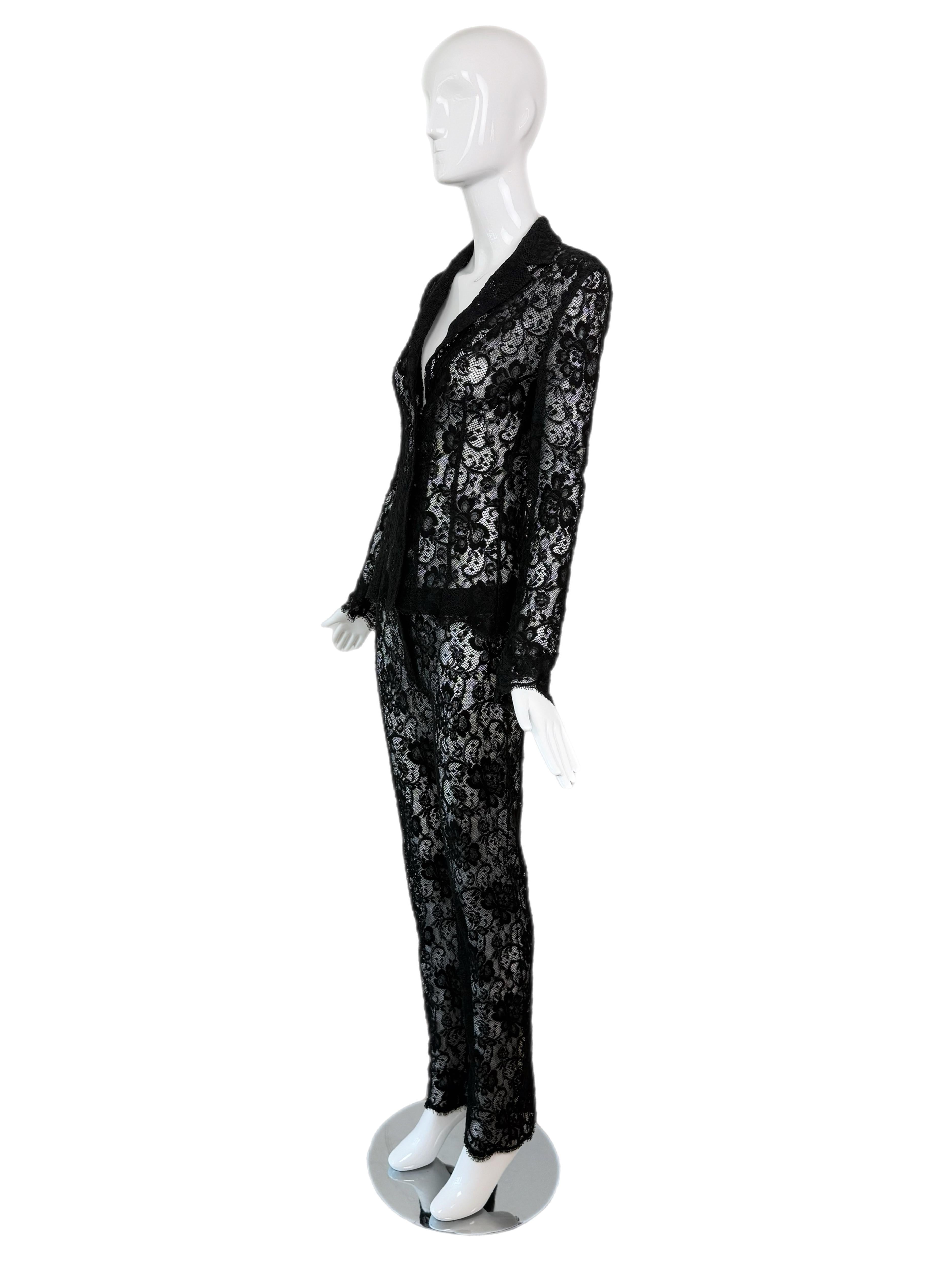 DOLCE & GABBANA 90's Vintage Black Sheer Lace Pant Suit im Angebot 1
