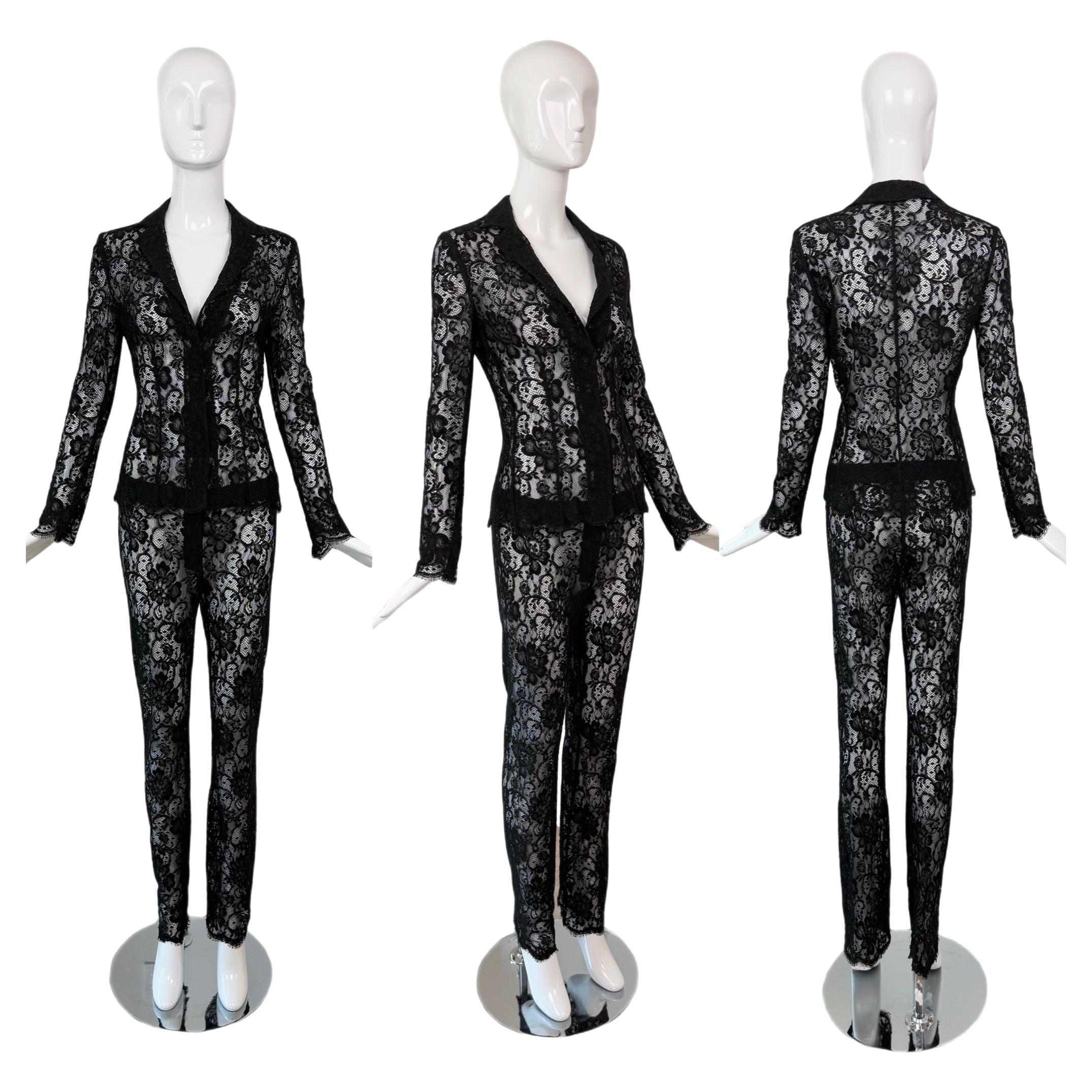 DOLCE & GABBANA 90's Vintage Black Sheer Lace Pant Suit im Angebot