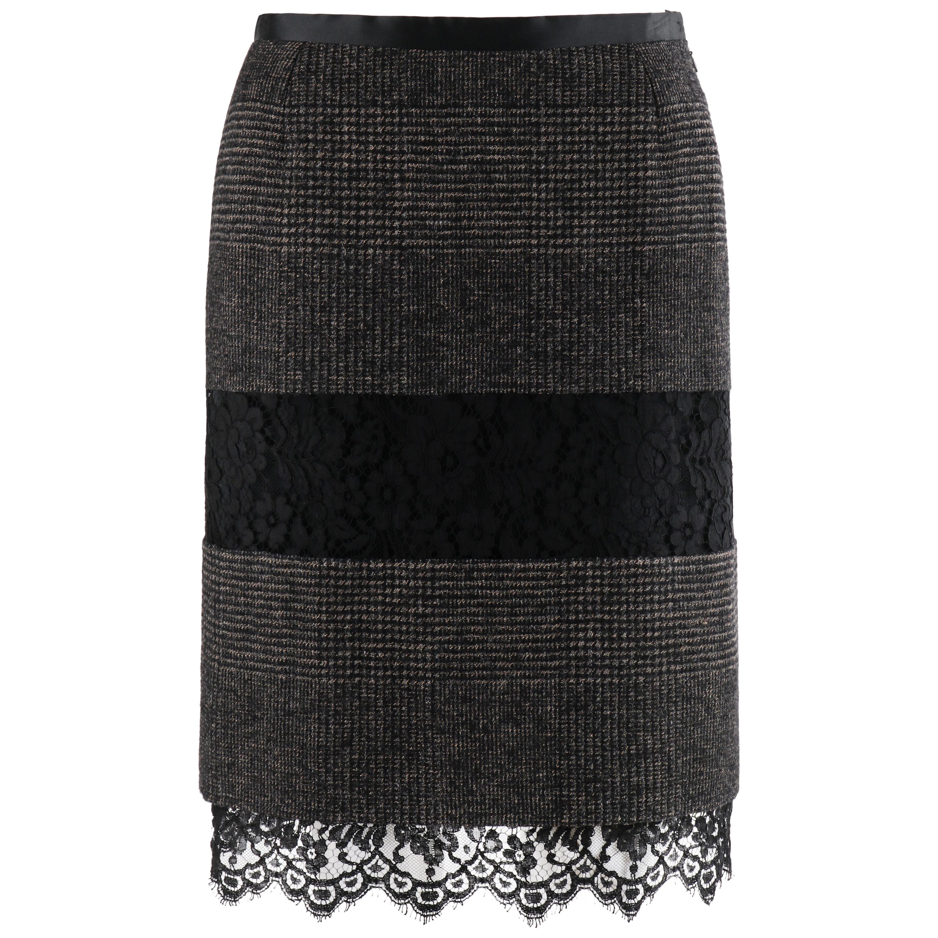 DOLCE & GABBANA A/W 2010 Black Gray Plaid Tweed Lace Trim Panel Sheath Skirt