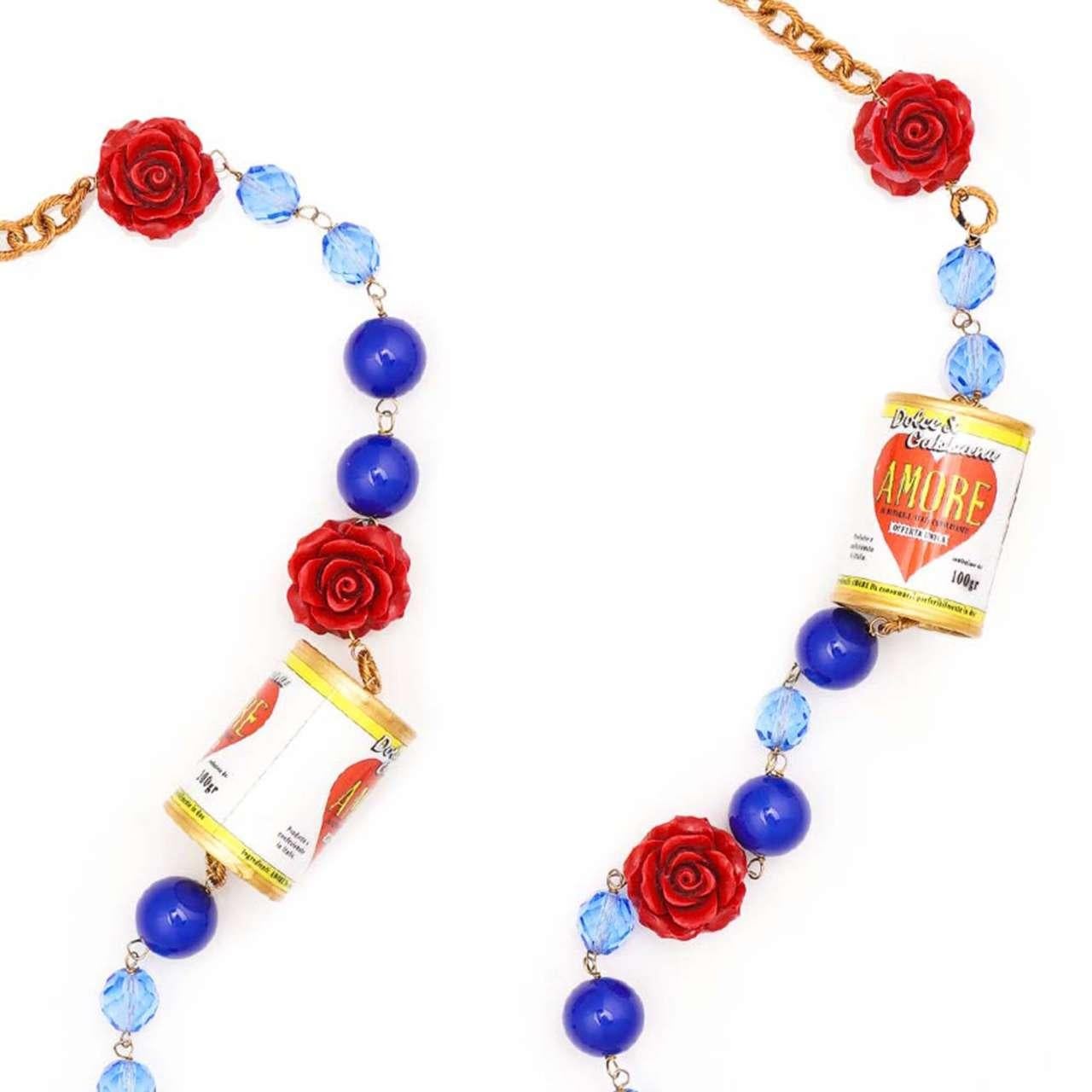 - Amore Heart Can Chain necklace with roses and crystals in gold, blue and red by DOLCE & GABBANA - RUNWAY - Dolce & Gabbana Fashion Show - New with Box - Made in Italy - Nickel free - Model: WNK6M4-W1111-Z0000 - Material:  50% Resin, 30% Messing,