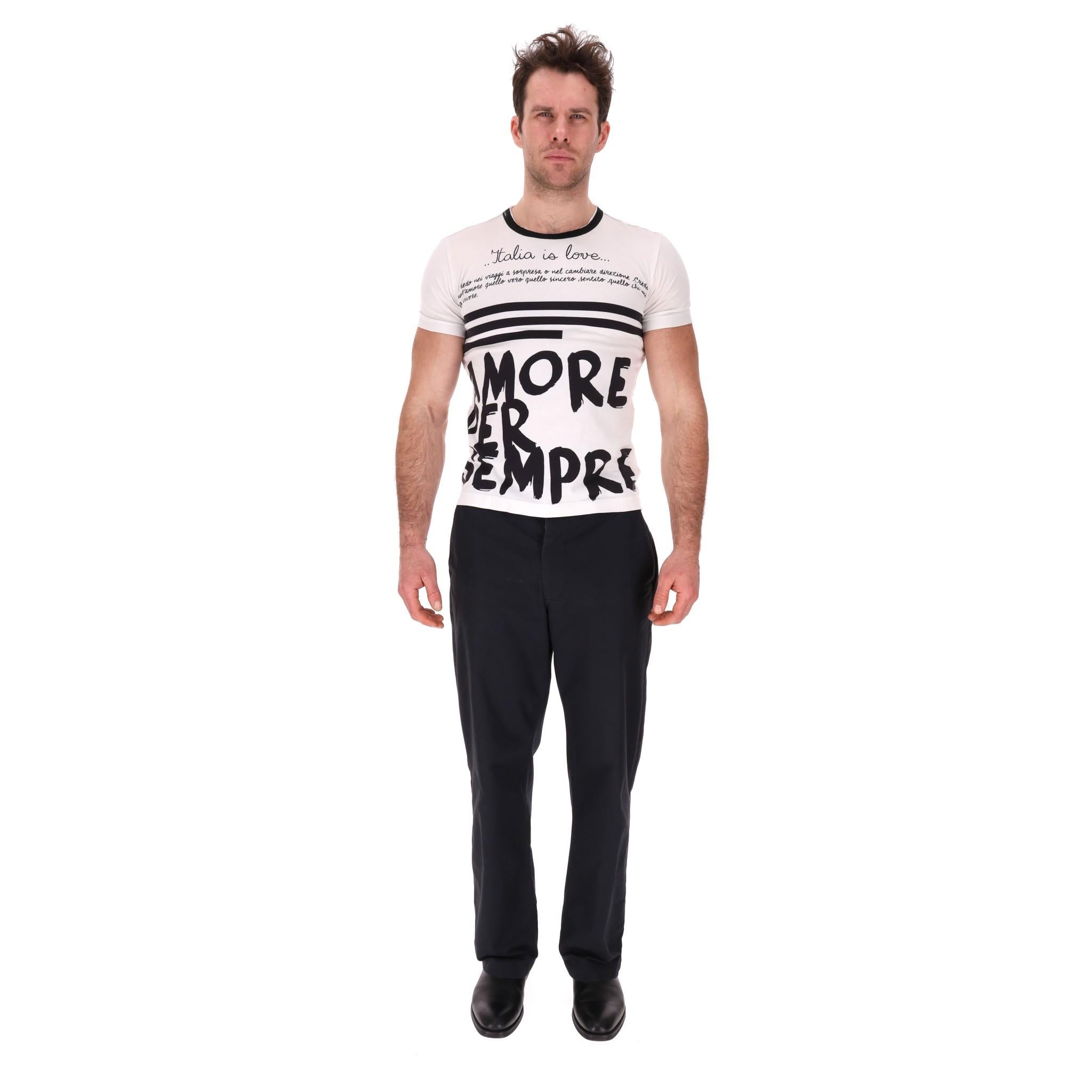 Dolce & Gabbana 'Amore Per Sempre' Cotton T-Shirt

White, classic t-shirt with multiple inscriptions is black, including 'Italia Is Love' and large 'Amore Per Sempre' to the front.

Black trimmed crew neckline and short sleeves. Rrp Approx.