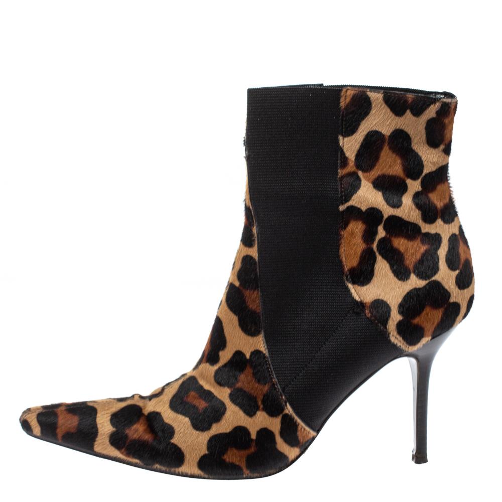 Dolce & Gabbana's ankle boots are decorated with animal prints. This pair has been made in Italy from velvety calf hair and set on the pin-thin stiletto heels to give them a leg-lengthening feel. The stretchy side panels ensure that they're easy to