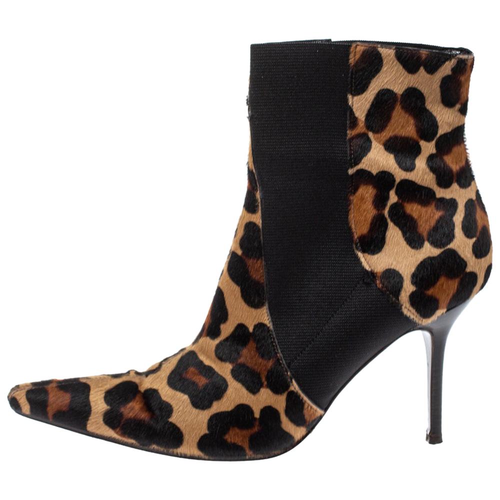 Dolce & Gabbana Animal Calf Hair and Elastic Fabric Knife Ankle Boots Size 38