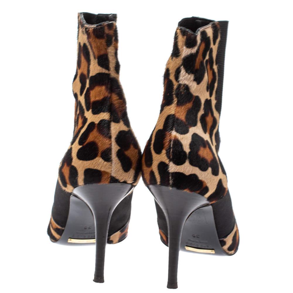 Dolce & Gabbana Animal Print Calf Hair and Elastic Fabric Knife Ankle Boots Size For Sale 1