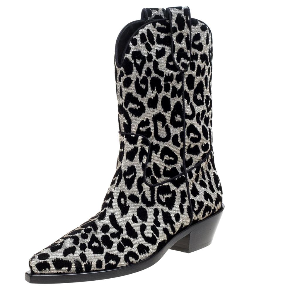 Dolce & Gabbana Animal Print Lurex and Velvet Cowboy Boots Size 39.5 For Sale