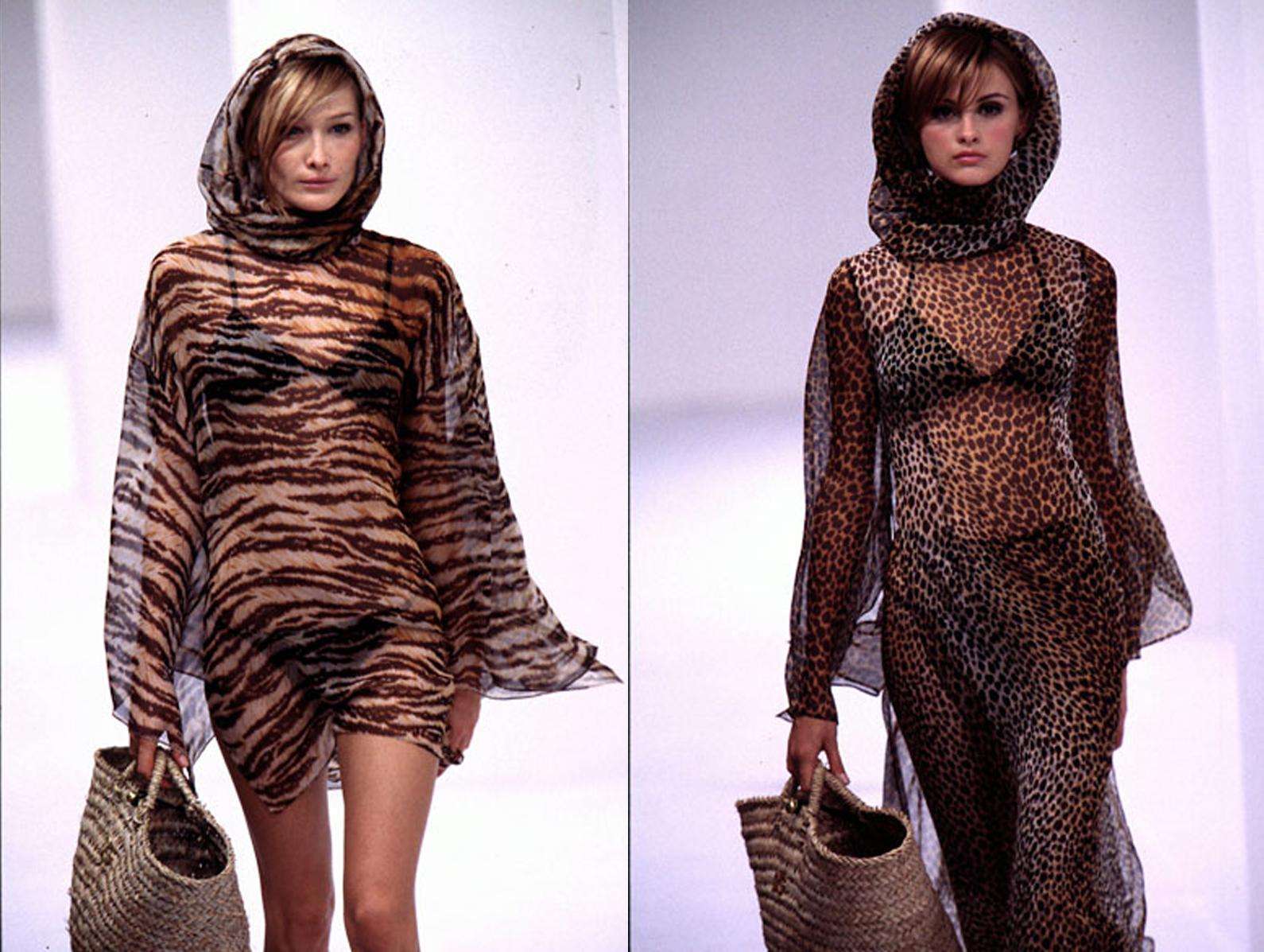 Brown Dolce & Gabbana animal print silk chiffon hooded caftan dress, ss 1996