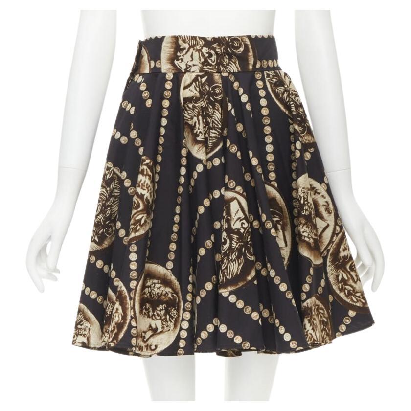 DOLCE GABBANA Jupe évasée en coton noir avec médaillon romain antique IT36 XS
