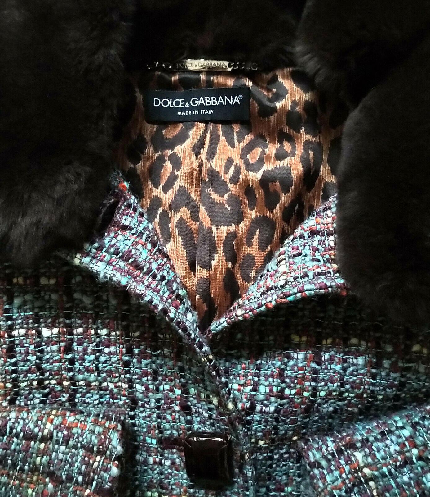 Dolce & Gabbana Aqua & Multi Color Tweed Fox Fur Jacket Skirt Suit IT 40/ US 2 4 For Sale 3