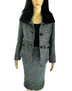 Dolce & Gabbana Aqua & Multi Color Tweed Fox Fur Jacket Skirt Suit IT 40/ US 2 4