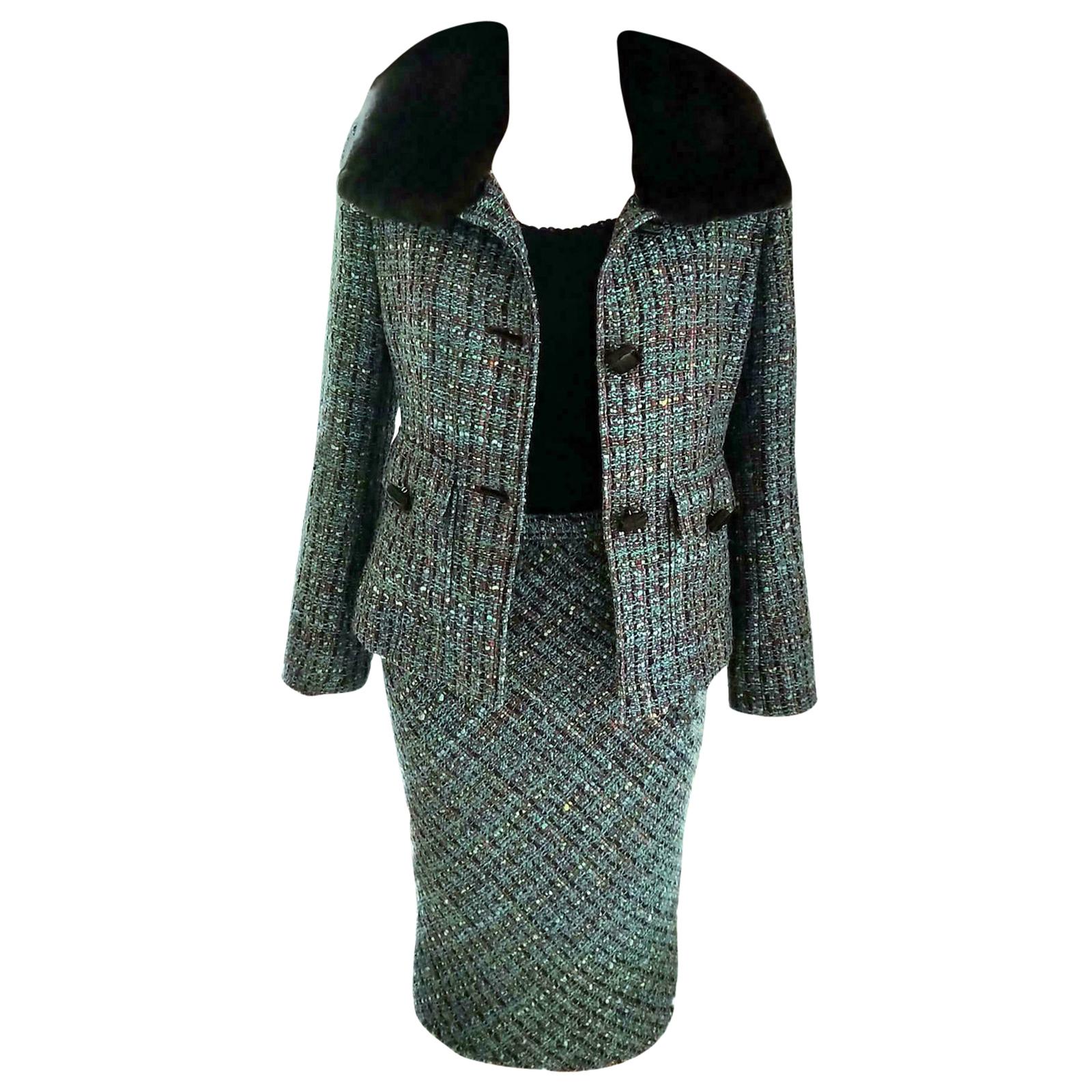 Dolce & Gabbana Aqua & Multi Color Tweed Fox Fur Jacket Skirt Suit IT 40/ US 2 4 For Sale