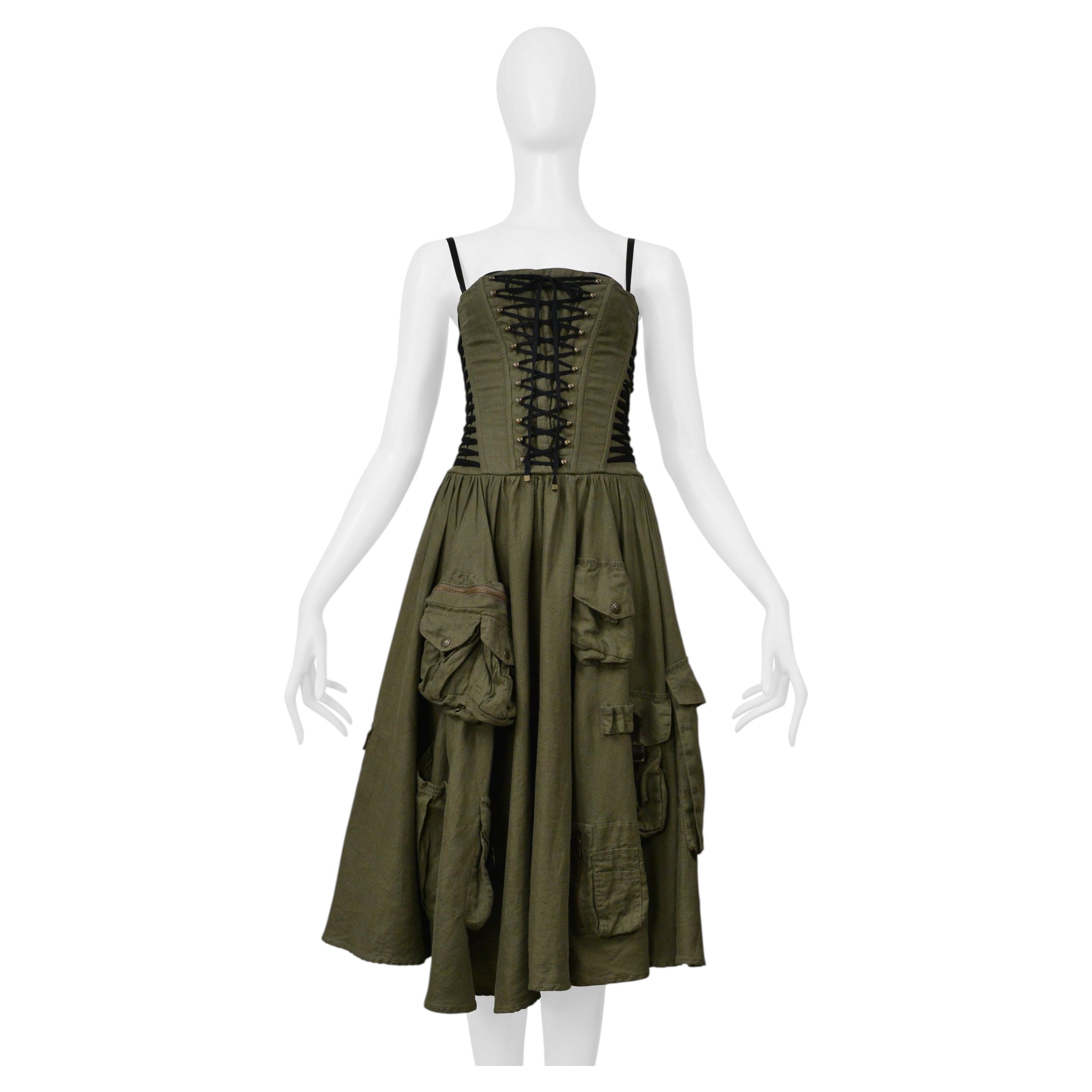 Dolce & Gabbana Army Green Linen Cargo Corset Dress 2002 For Sale