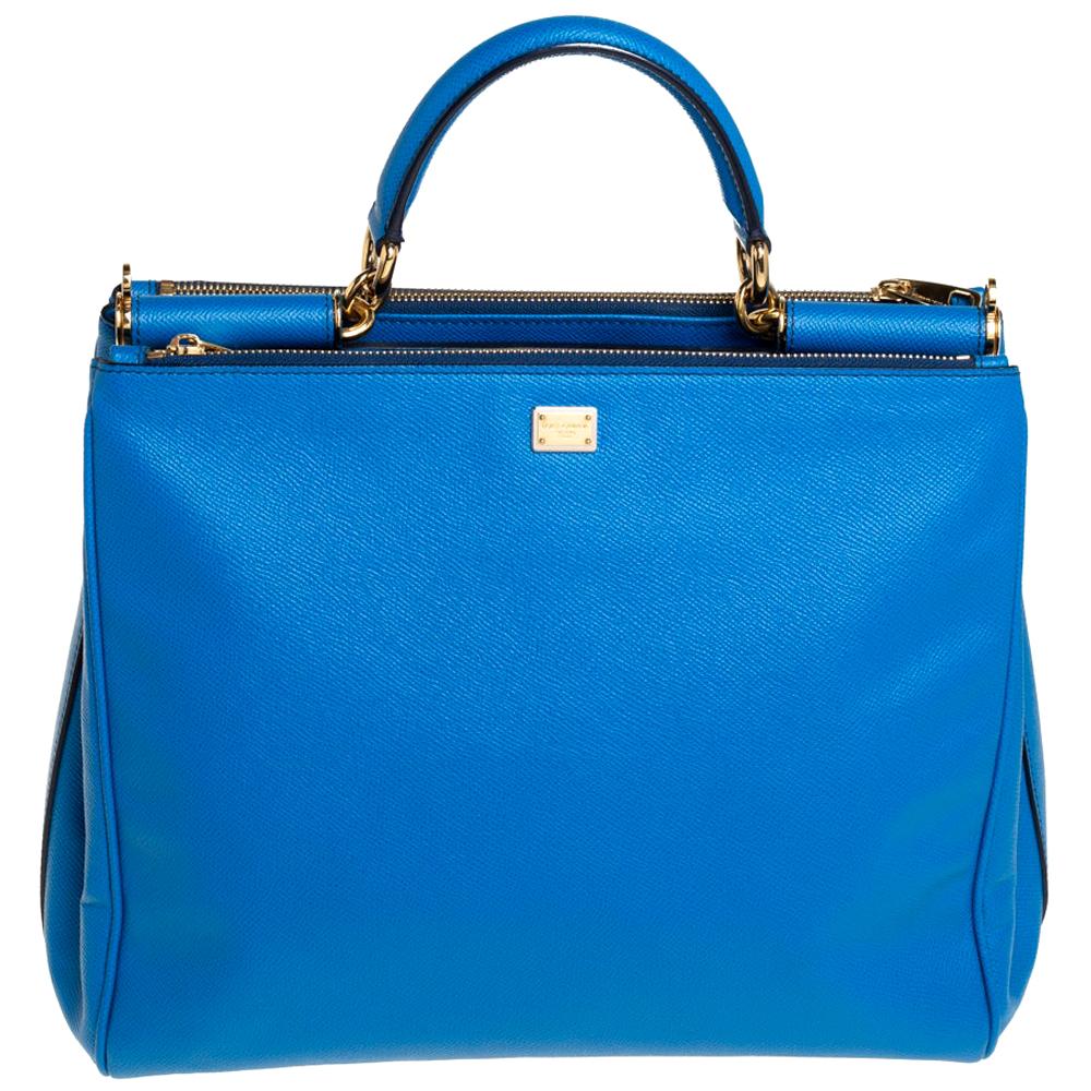Dolce 
Gabbana Azure Blue Leather Miss Sicily Double Zip Top Handle Bag