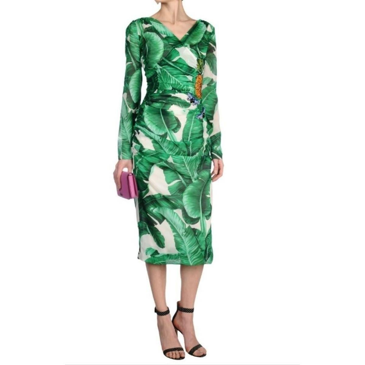 Dolce and Gabbana Banana Leaf print Embellished Dress For Sale at
