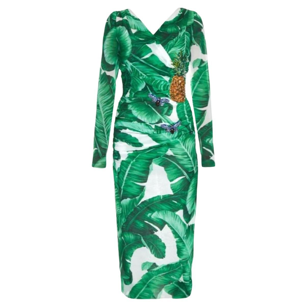 Dolce & Gabbana Banana Leaf-print Embellished Dress For Sale