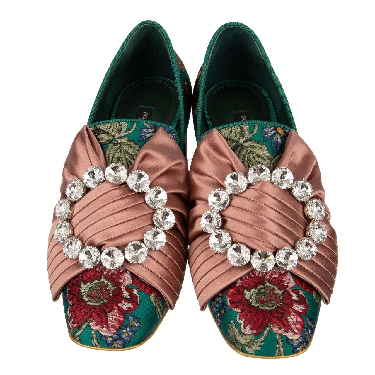 Dolce & Gabbana - Baroque Brocade Silk Bow Heel Pumps JACKIE Green Pink EUR 37 In Excellent Condition For Sale In Erkrath, DE