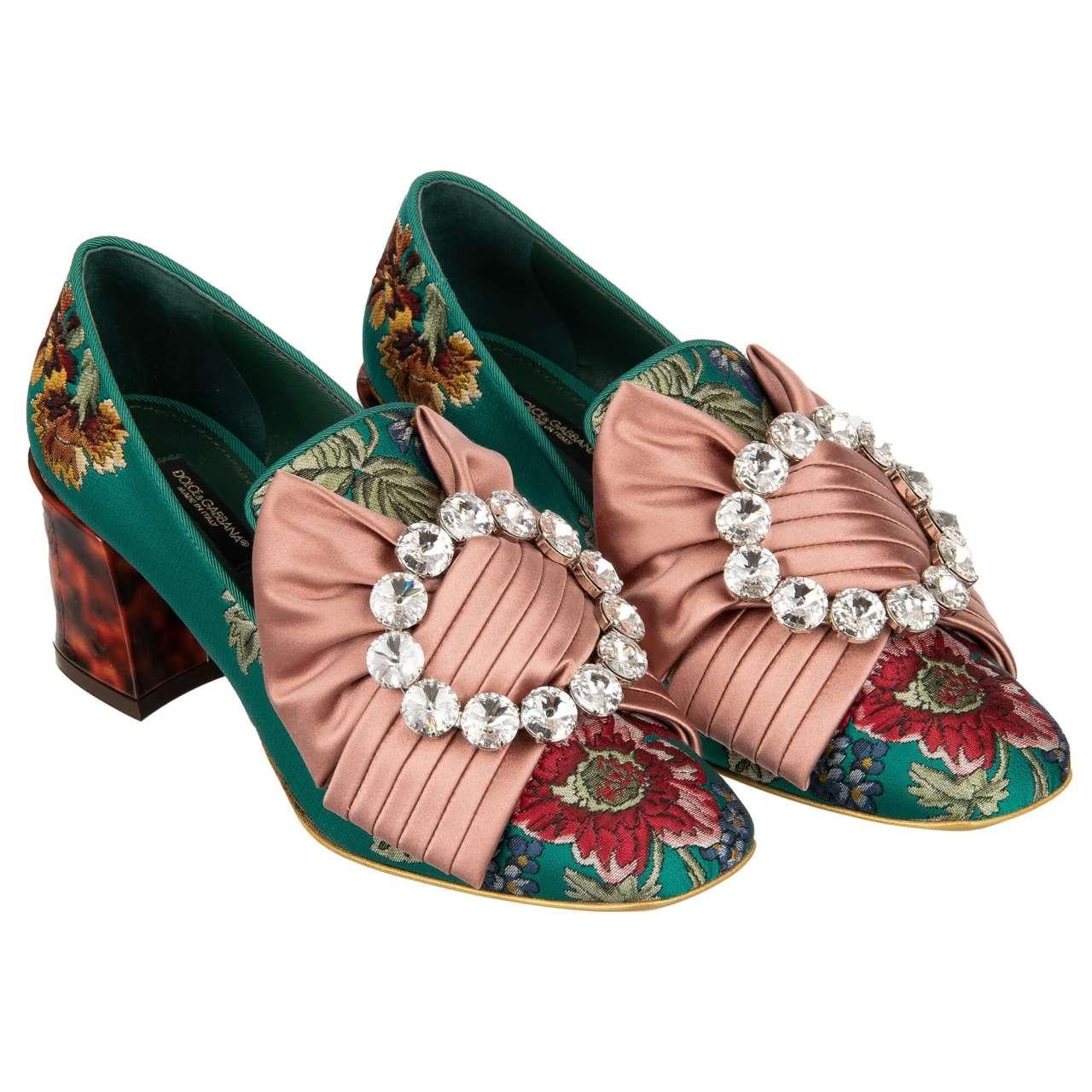 - Baroque flower brocade Pumps JACKIE with silk crystal bow brooch in green and pink by DOLCE & GABBANA - New with Box - MADE IN ITALY - Leopard patent leather heel - Model: CD1422-AJ374-8H527 - Material: 64% Polyester, 19% Calf leather, 8% Viscose,