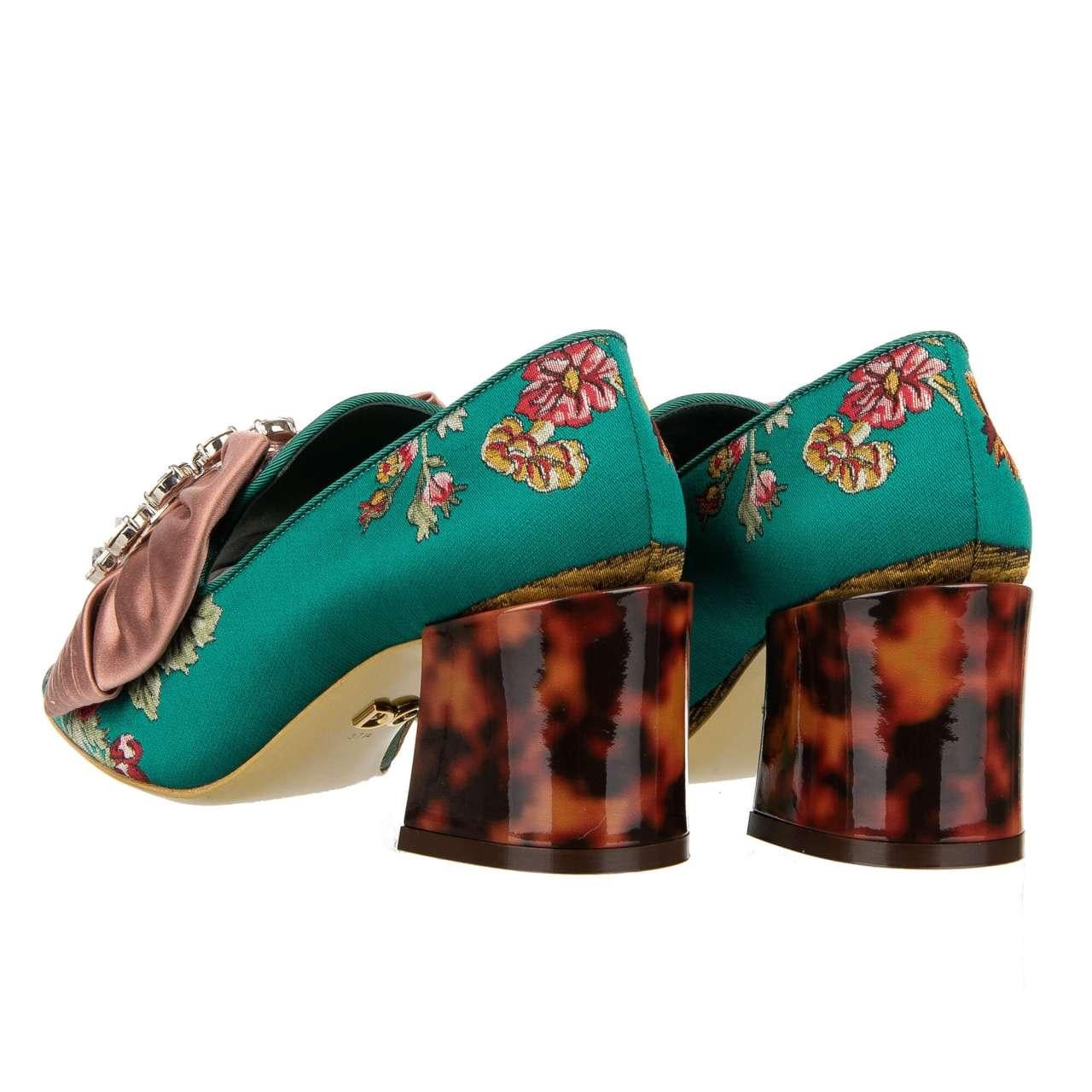 Dolce & Gabbana - Baroque Brocade Silk Bow Heel Pumps JACKIE Green Pink EUR 37.5 For Sale 2