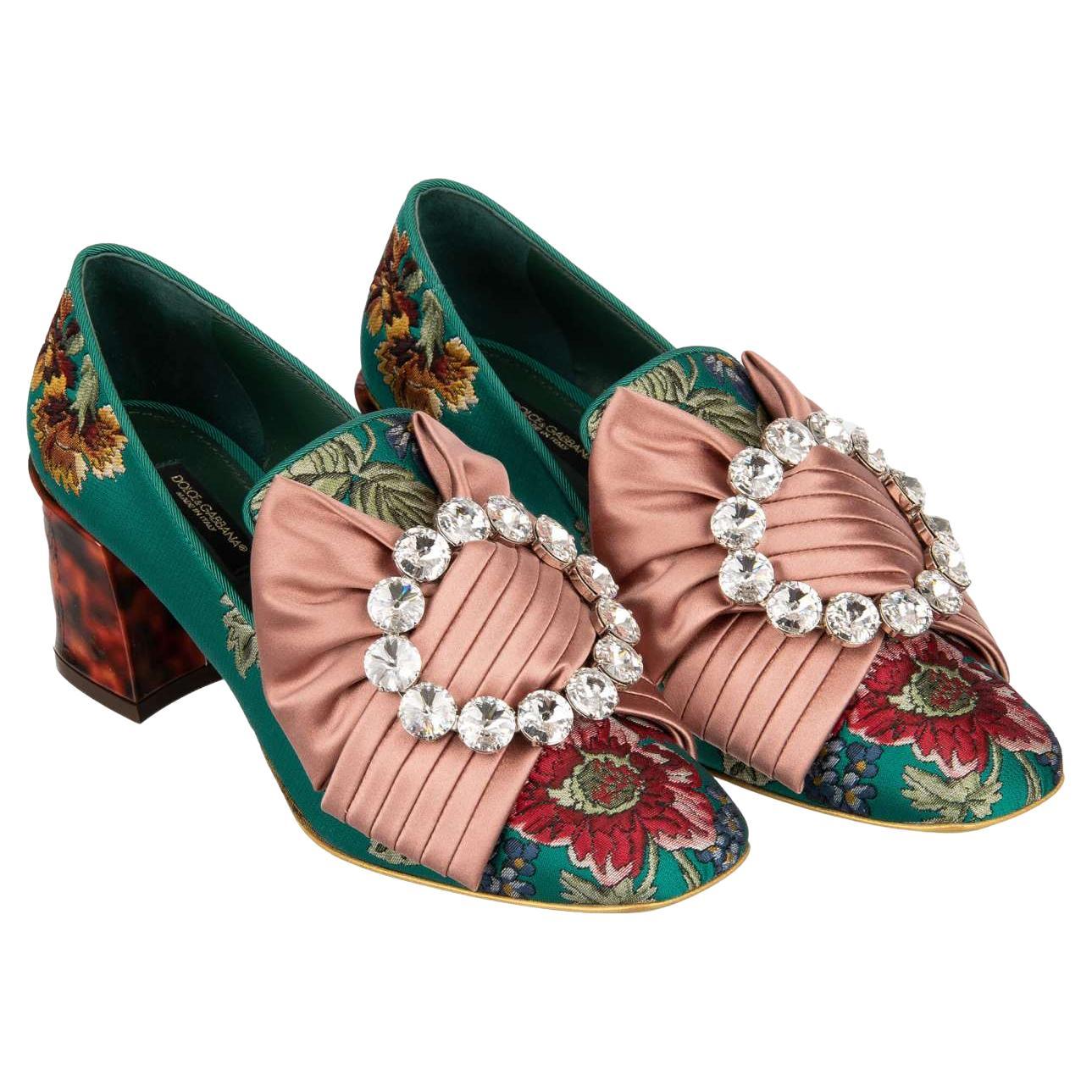 Dolce & Gabbana Baroque Brocade Silk Bow Heel Pumps JACKIE Green Pink EUR 37.5 For Sale
