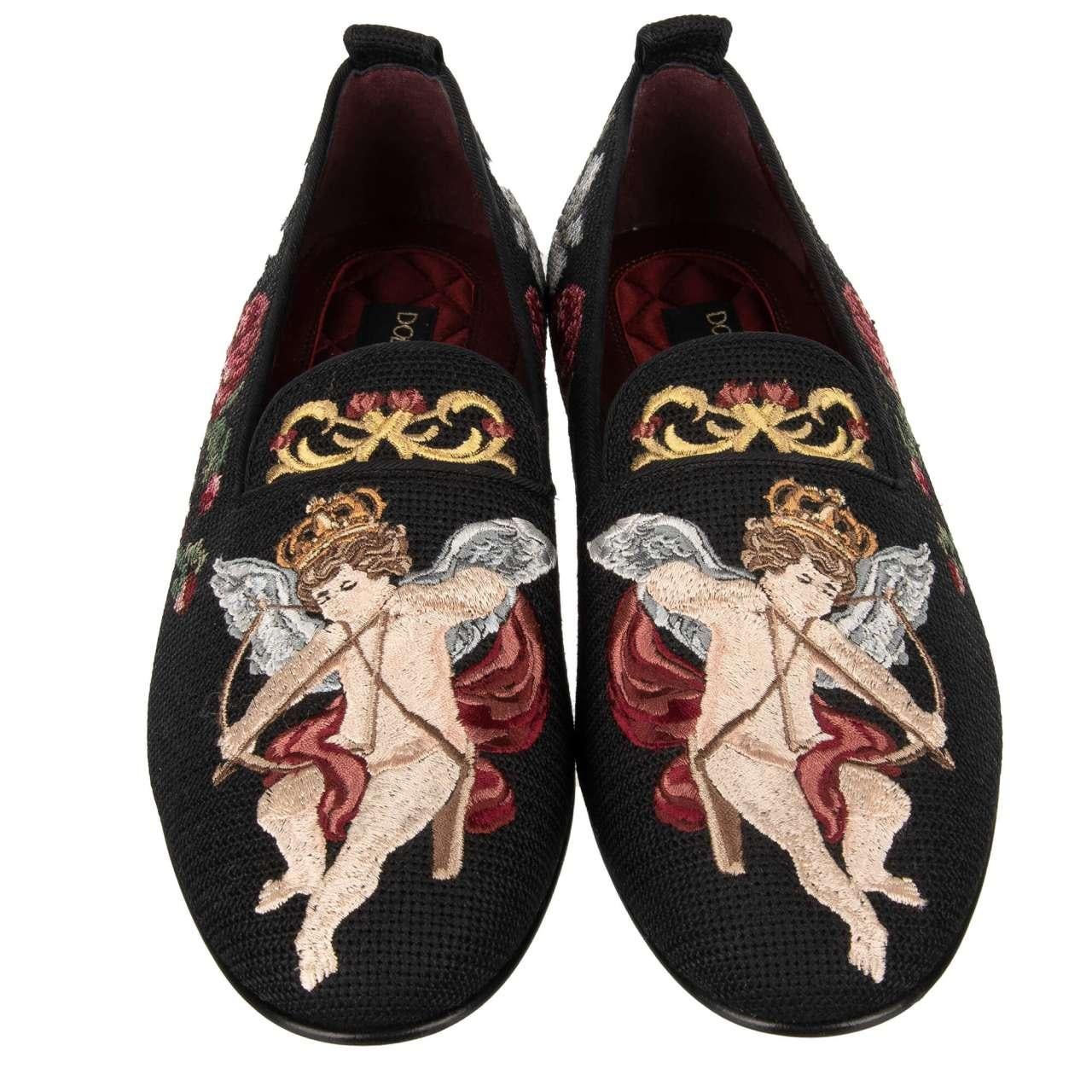 - Baroque crown angel and flowers embroidered fabric loafer shoes YOUNG POPE in black by DOLCE & GABBANA - MADE IN ITALY - New with Box - Model: A50194-AU441-80995 - Material: outside: 100% Polyester, inside: 100% Calfskin - Sole: Leather - Color: