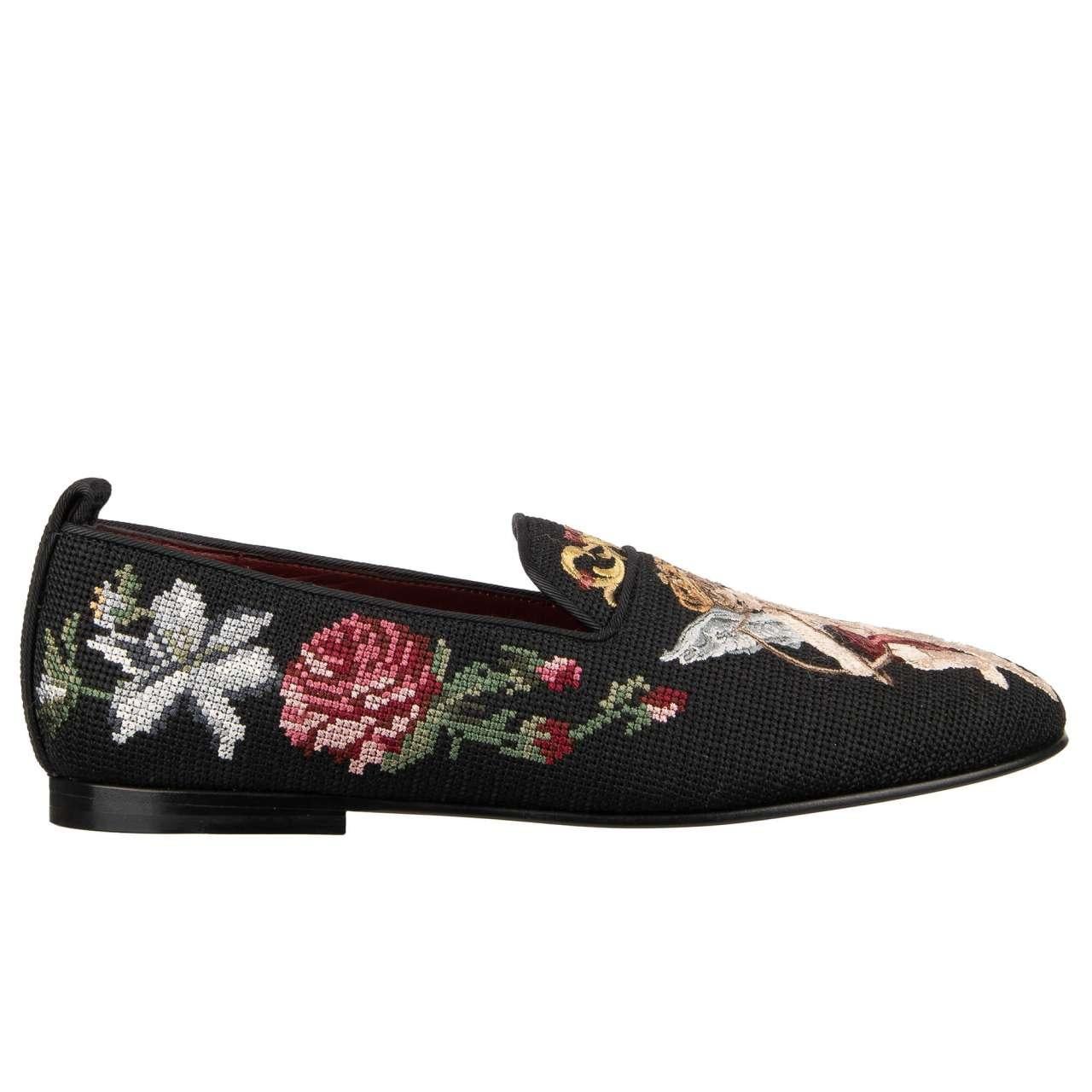 Dolce & Gabbana Baroque Crown Rose Angel Loafer YOUNG POPE Black EUR 41 In Excellent Condition For Sale In Erkrath, DE