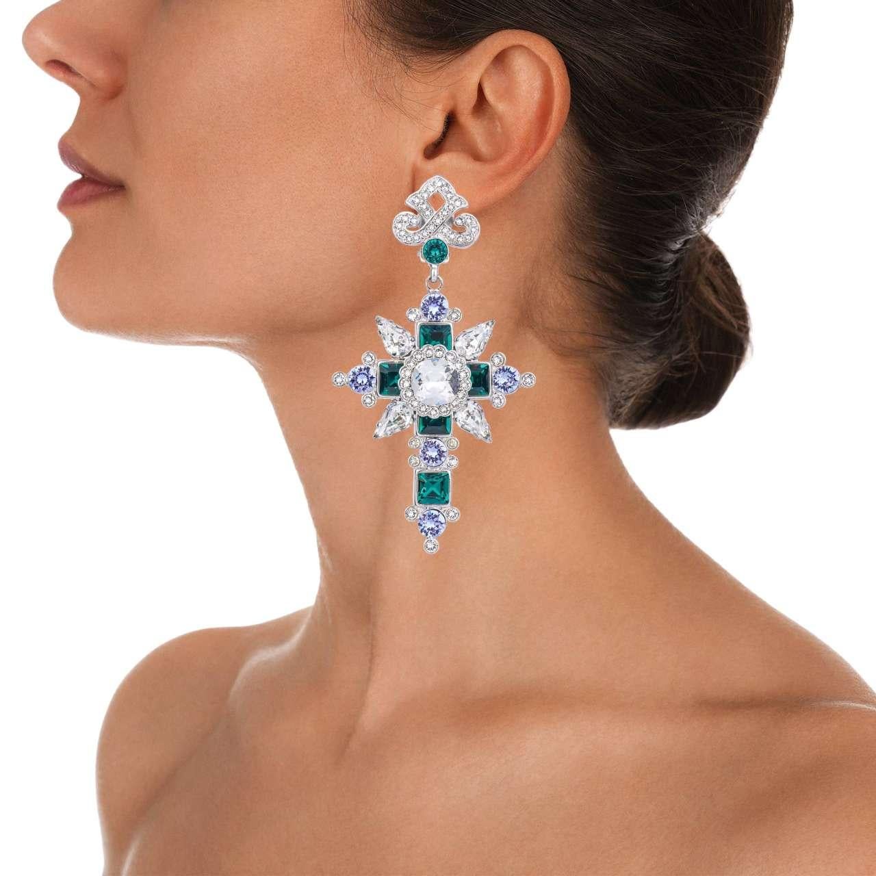 - Cross Clip Earrings with crystals in white, green purple and silver by DOLCE & GABBANA - RUNWAY - Dolce & Gabbana Fashion Show - New with Box - Made in Italy - Silver brass - Clip fastening - Nickel free - Model: WEL2N8-W1111-87655 - Material: 50%