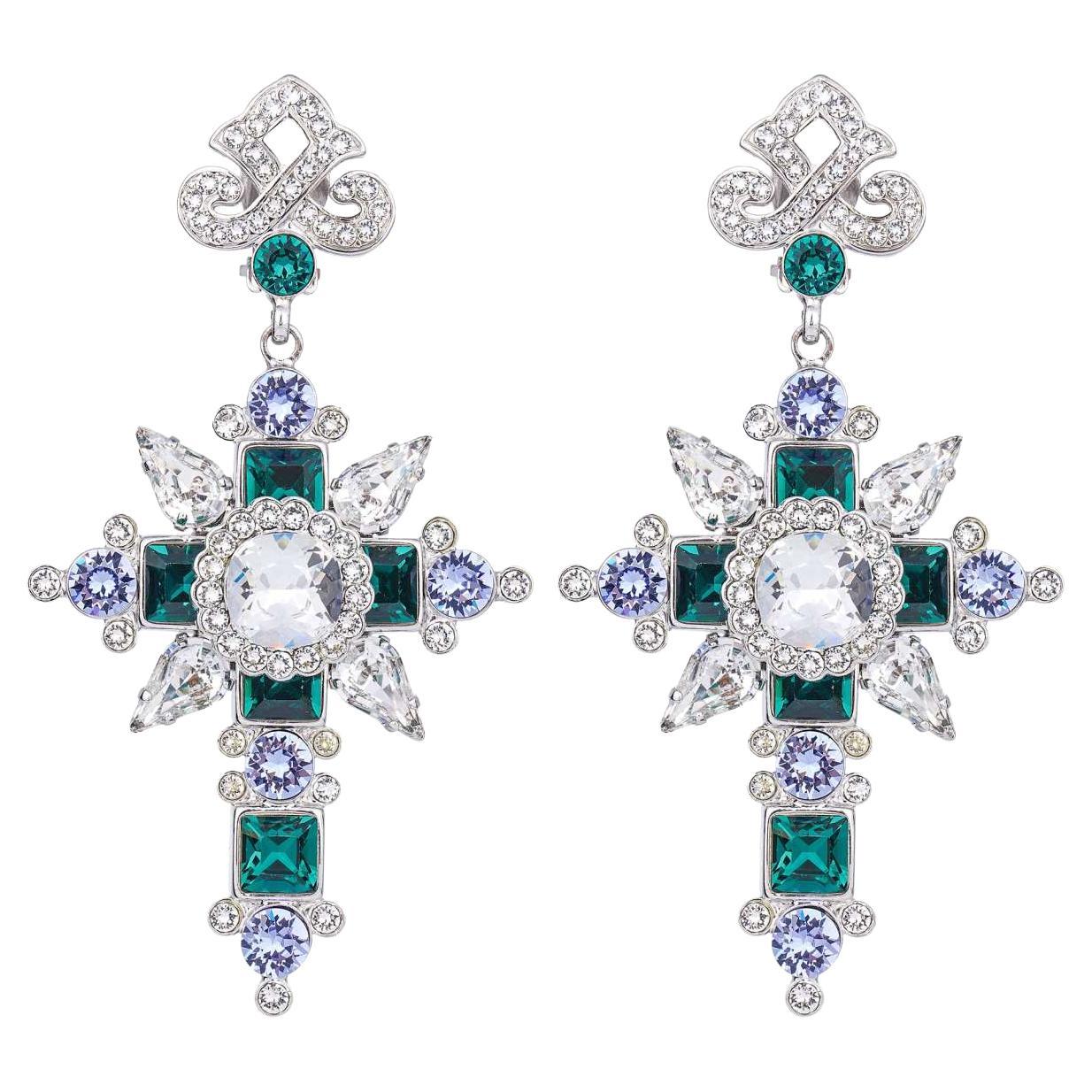 Dolce & Gabbana - Baroque Crystal Cross Earrings Green White Purple Silver For Sale
