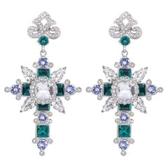 Dolce & Gabbana - Baroque Crystal Cross Earrings Green White Purple Silver