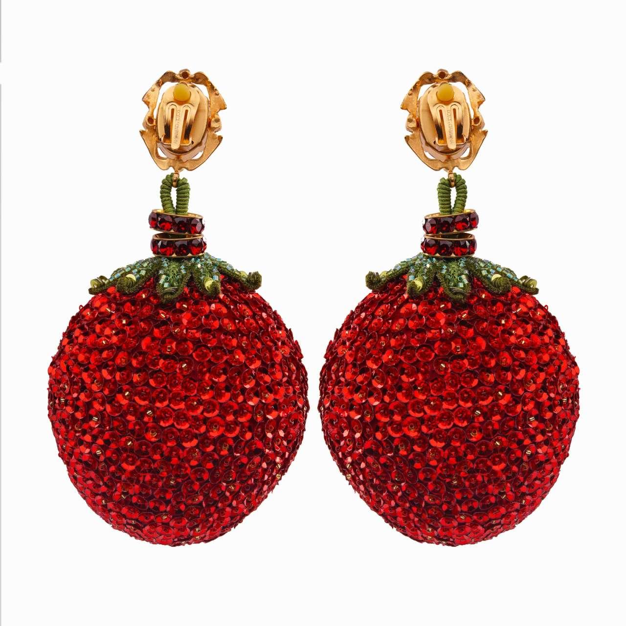 - Strawberry Clip Earrings adorned with embroidered sequins and pearls, baroque golden element and crystal rings in gold by DOLCE & GABBANA - RUNWAY - Dolce & Gabbana Fashion Show - New with Tag - Made in Italy - Gold-plated brass - Clip fastening -