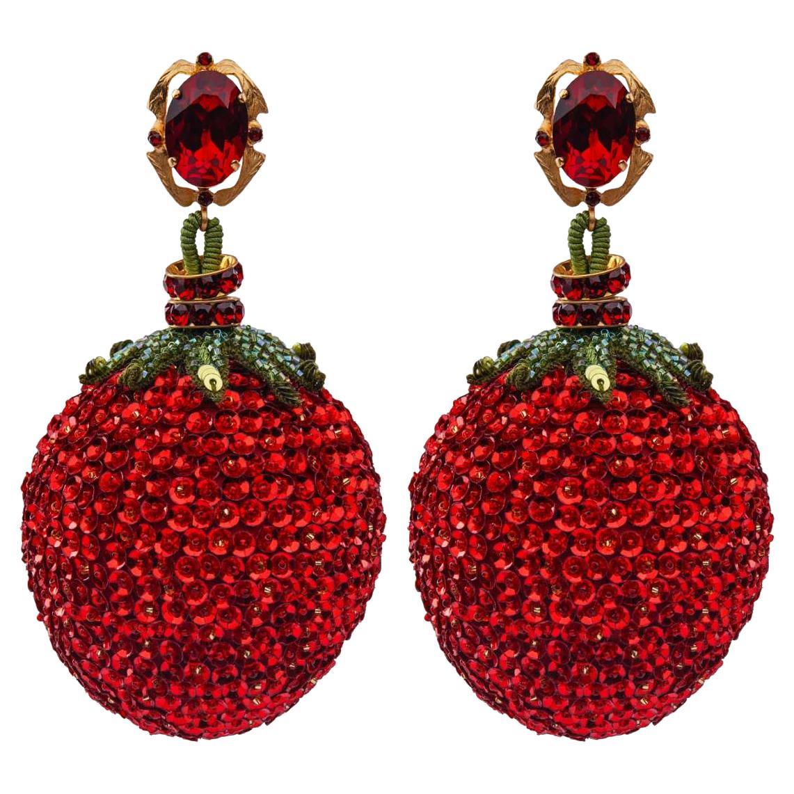 Dolce & Gabbana - Baroque Crystal Sequin Strawberry Clip Earrings Gold Red For Sale