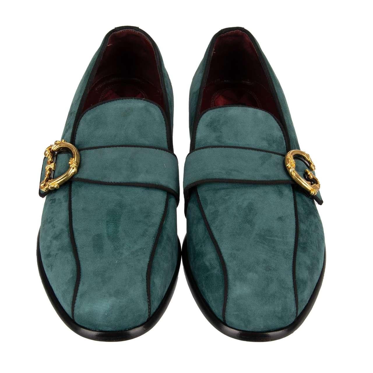 - DG Baroque logo buckle embellished loafer shoes MILANO made of suede in blue by DOLCE & GABBANA - MADE IN ITALY - Former RRP: EUR 750 - New with Box - Model: A50411-A1275-86096 - Material: 100% Goatskin - Sole: Leather - Color: Blue - Satin and