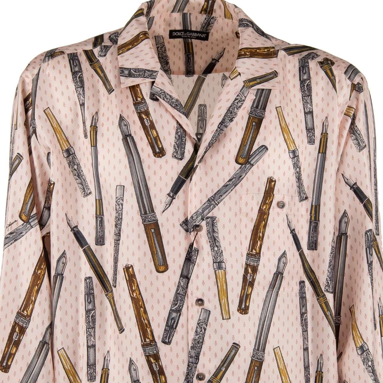 Dolce & Gabbana - Baroque Feather Pen Silk Shirt Pink 43/17 In Excellent Condition For Sale In Erkrath, DE