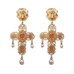 Dolce & Gabbana - Baroque Filigree Pearl Cameo Crystal Cross Earrings Gold
