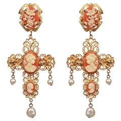 Dolce & Gabbana - Baroque Filigree Pearl Cameo Crystal Cross Earrings Gold