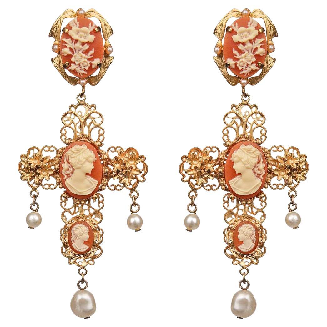 Dolce & Gabbana - Baroque Filigree Pearl Cameo Crystal Cross Earrings Gold For Sale