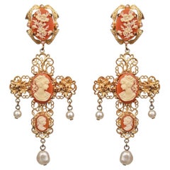 Dolce & Gabbana - Baroque Filigree Pearl Cameo Crystal Cross Earrings Gold